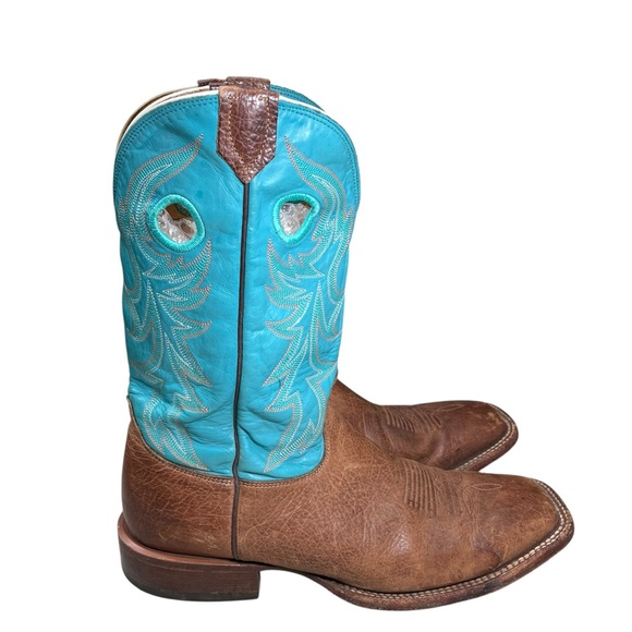 Nocona Handmade USA Turquoise Brown Leather Western Cowboy Boots 11D Square Toe - Picture 3 of 16
